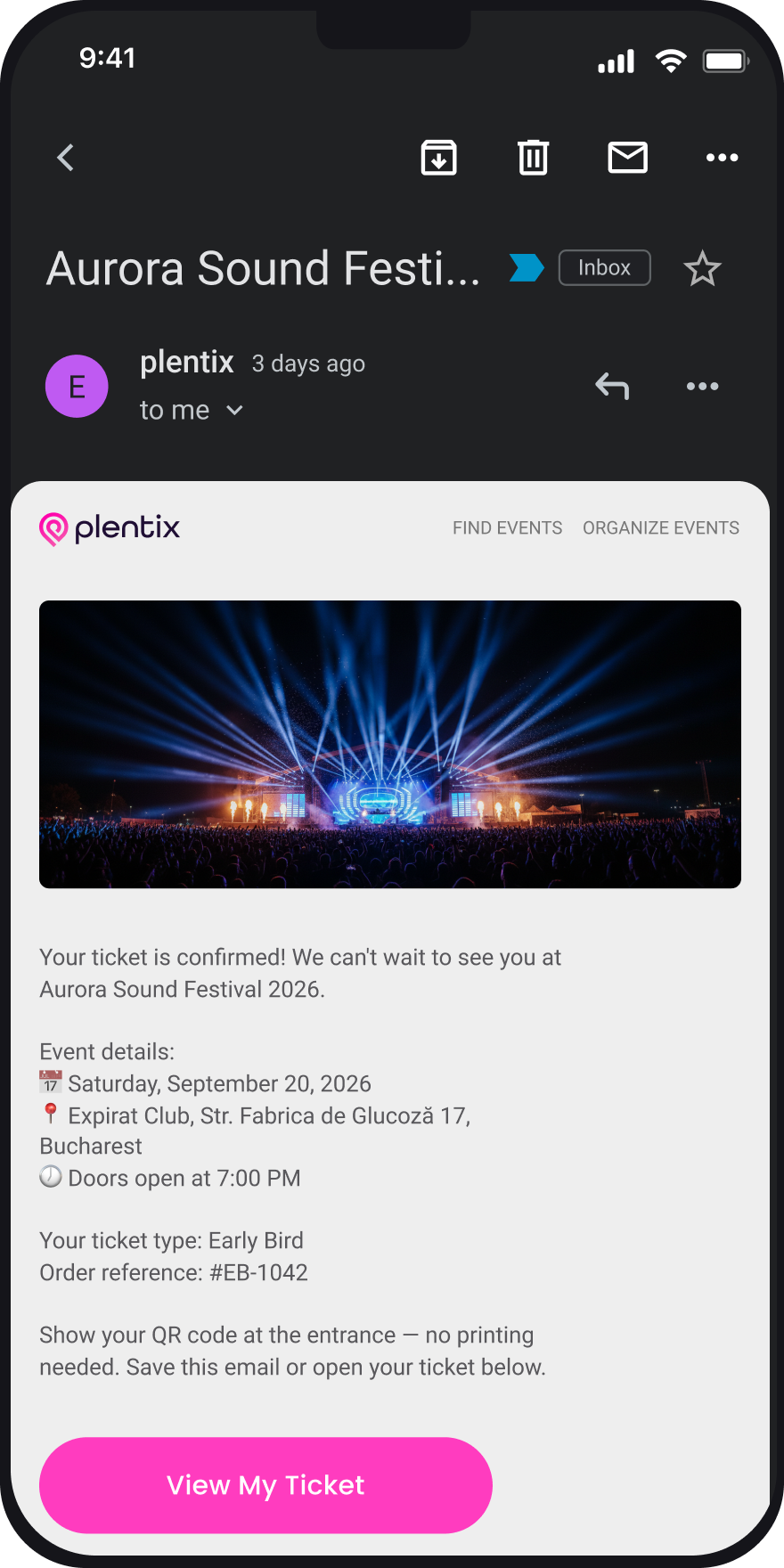 Ticket delivered by email